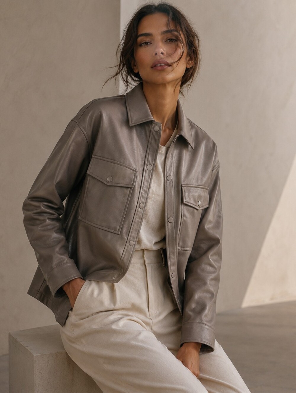 Dynamite Faux Leather Oversized Shacket Jacket Taupe Size Small
